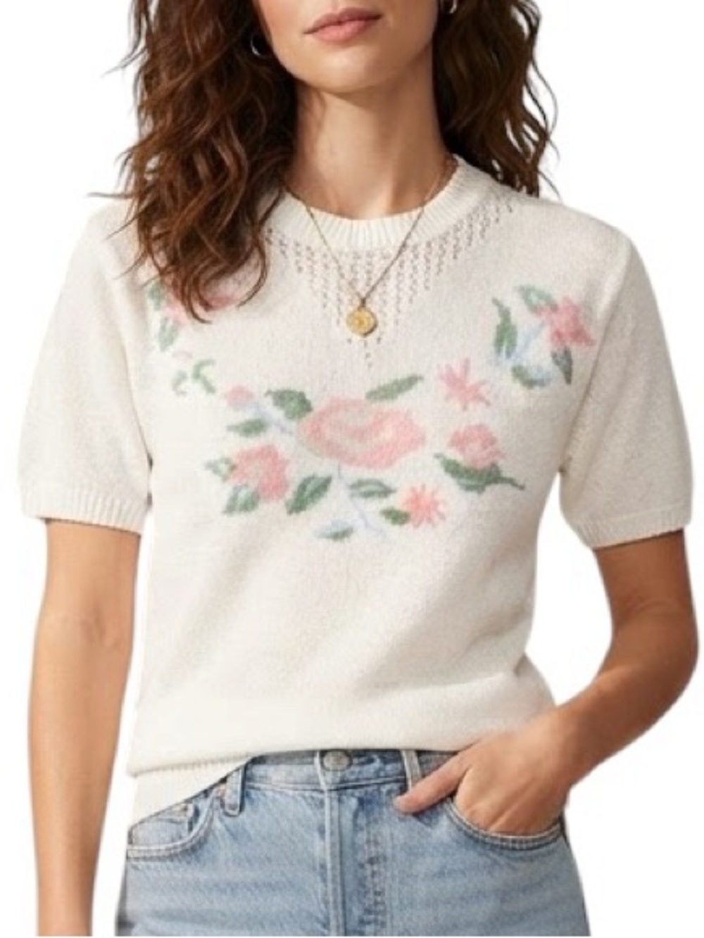 BEAUTIFUL Vintage Knit Rose Eyelet Short Sleeve Sweater Off White Medium